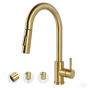 Gold Kitchen Faucet with Pull Down Sprayer, High Arc Stainless Steel Sink Faucet, Brushed Gold Bar Faucet Fit for 1 Hole Sink, Easy Install for Kitchen Farmhouse RV, HT-KF100 Gold Kitchen Faucet with Pull Down Sprayer, High Arc Stainless Steel Sink Faucet, Brushed Gold Bar Faucet Fit for 1 Hole Sink, Easy Install for Kitchen Farmhouse RV, HT-KF100