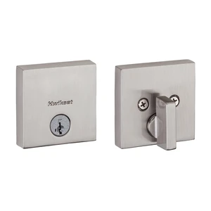 Downtown Deadbolt Lock, Satin Nickel Square Exterior Keyed Front Entry Door, Pick Resistant SmartKey Rekey Security, Single Cylinder Dead Bolt, with Microban Protection Downtown Deadbolt Lock, Satin Nickel Square Exterior Keyed Front Entry Door, Pick Resistant SmartKey Rekey Security, Single Cylinder Dead Bolt, with Microban Protection