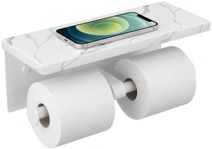 Double Marble Toilet Paper Holder with Phone Shelf, Commercial White, Wall Mount 304 Stainless Steel Bathroom Tissue Roll Dispenser, Modern Heavy Duty Washroom Paper Storage Double Marble Toilet Paper Holder with Phone Shelf, Commercial White, Wall Mount 304 Stainless Steel Bathroom Tissue Roll Dispenser, Modern Heavy Duty Washroom Paper Storage