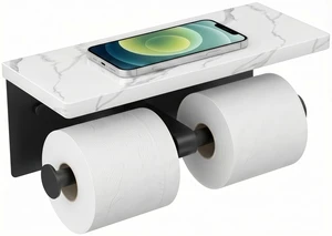 Double Marble Toilet Paper Holder with Phone Shelf, Mattle Black Wall Mount 304 Stainless Steel Commercial Bathroom Tissue Roll Dispenser, Modern Heavy Duty Washroom Paper Storage Double Marble Toilet Paper Holder with Phone Shelf, Mattle Black Wall Mount 304 Stainless Steel Commercial Bathroom Tissue Roll Dispenser, Modern Heavy Duty Washroom Paper Storage