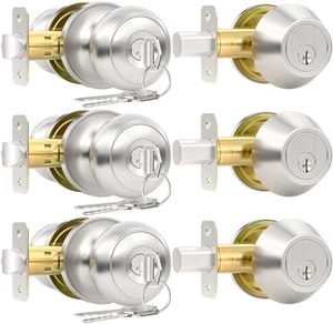 3 Pack Front Door Lock Set, Keyed Alike Exterior Door Lock Set with Deadbolt, Single Cylinder Deadbolt Lock and Entry Door Knob Set,Round Ball Brushed Nickel Door Knobs with Lock and Keys 3 Pack Front Door Lock Set, Keyed Alike Exterior Door Lock Set with Deadbolt, Single Cylinder Deadbolt Lock and Entry Door Knob Set,Round Ball Brushed Nickel Door Knobs with Lock and Keys