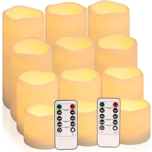 Flameless Battery Operated Outdoor Waterproof Set of 12(D: 3" x H: 3" 4" 5" 6") Pillar LED Candles with 10-Key Remote and Cycling 24 Hours Timer Flameless Battery Operated Outdoor Waterproof Set of 12(D: 3" x H: 3" 4" 5" 6") Pillar LED Candles with 10-Key Remote and Cycling 24 Hours Timer