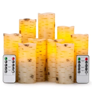 Flameless Flickering LED Candles with Birch Bark Effect - Set of 9 Battery-Operated Real Wax Pillar with 10-Key Remote Control - 2/4/6/8 Hour Timer Flameless Flickering LED Candles with Birch Bark Effect - Set of 9 Battery-Operated Real Wax Pillar with 10-Key Remote Control - 2/4/6/8 Hour Timer