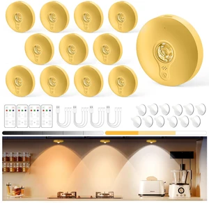Rechargeable Puck Lights with Remote, 12 Pack Magnetic Under Cabinet Lighting, 1500mAh Battery Operated LED Tap Lights with Dimmer & Timmer for Kitchen, Closet, Shelf - 3 Color Temps, Gold Rechargeable Puck Lights with Remote, 12 Pack Magnetic Under Cabinet Lighting, 1500mAh Battery Operated LED Tap Lights with Dimmer & Timmer for Kitchen, Closet, Shelf - 3 Color Temps, Gold