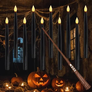 10Pcs 10.8" Floating Candle with Wand, 6/18H Timer, Halloween Decor Flickering Warm Light, Battery Operated, Flameless Taper Magic Hanging Candles, Witch Wizard Gift(Black) 10Pcs 10.8" Floating Candle with Wand, 6/18H Timer, Halloween Decor Flickering Warm Light, Battery Operated, Flameless Taper Magic Hanging Candles, Witch Wizard Gift(Black)