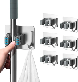 Broom Holder Wall Mount 6Pcs, Self Adhesive Mop Broom Hanger Silver Self adhesive stainless steel broom organizer with 4 hooks, holds mops, brooms and garden tools without drilling Broom Holder Wall Mount 6Pcs, Self Adhesive Mop Broom Hanger Silver Self adhesive stainless steel broom organizer with 4 hooks, holds mops, brooms and garden tools without drilling