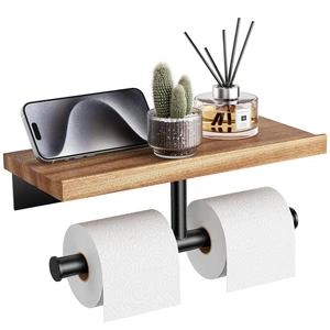 Double Toilet Paper Holder with Wood Shelf, Wooden Wall Mount Toilet Paper Roll Holder, Matte Black Stainless Steel Bathroom Toilet Tissue Holder (Sapele, Matte Black) Double Toilet Paper Holder with Wood Shelf, Wooden Wall Mount Toilet Paper Roll Holder, Matte Black Stainless Steel Bathroom Toilet Tissue Holder (Sapele, Matte Black)