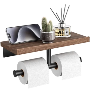 Double Toilet Paper Holder with Wood Shelf, Wooden Wall Mount Toilet Paper Roll Holder, Matte Black Stainless Steel Bathroom Toilet Tissue Holder (Walnut) Double Toilet Paper Holder with Wood Shelf, Wooden Wall Mount Toilet Paper Roll Holder, Matte Black Stainless Steel Bathroom Toilet Tissue Holder (Walnut)