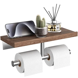 Rustic Double Toilet Paper Holder with Walnut Wood Shelf, Farmhouse Toilet Paper Holder Brushed Nickel Stainless Steel Bathroom Tissue Roll Holder Rustic Double Toilet Paper Holder with Walnut Wood Shelf, Farmhouse Toilet Paper Holder Brushed Nickel Stainless Steel Bathroom Tissue Roll Holder