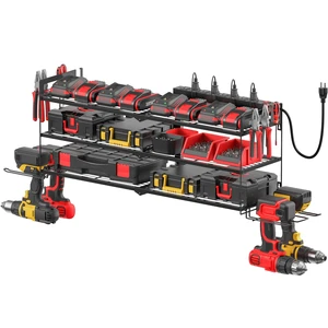 Large Garage Tools Storage with Charging Station. Power Tool Battery Organizer Utility Shelf with Power Strip. 4 Drills Holder Wall Mount Rack, Black 3 Layer Large Garage Tools Storage with Charging Station. Power Tool Battery Organizer Utility Shelf with Power Strip. 4 Drills Holder Wall Mount Rack, Black 3 Layer