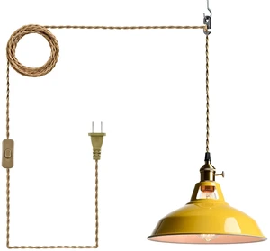 Nordic Plug in Hanging Pendant Light with Yellow Metal Barn Shade 10.6"W Barn Shade, E26 Hanging Swag Light Fixture with Switch for Kitchen Bedroom Foyer Dining Bar Reataurant Cafe Loft Nordic Plug in Hanging Pendant Light with Yellow Metal Barn Shade 10.6"W Barn Shade, E26 Hanging Swag Light Fixture with Switch for Kitchen Bedroom Foyer Dining Bar Reataurant Cafe Loft