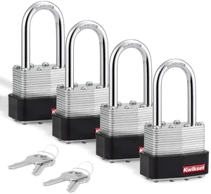 Laminated Steel Padlock with Hardened Steel Shackle, 4-Pack, Silver Four Keyed Alike Locks with 1-1/2 in Shackle to Clear Thick Hasps; 1-9/16 in Laminated Steel Body Laminated Steel Padlock with Hardened Steel Shackle, 4-Pack, Silver Four Keyed Alike Locks with 1-1/2 in Shackle to Clear Thick Hasps; 1-9/16 in Laminated Steel Body