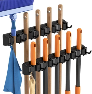 Mop and Broom Holder Organizer Wall Hanging Mount, Black, 2 Pack Anti-Slip Broom Storage for Cleaning Organizer, Easy Install Tool Hanging Rack with 5 slots & 6 hooks for Kitchen, Garage Mop and Broom Holder Organizer Wall Hanging Mount, Black, 2 Pack Anti-Slip Broom Storage for Cleaning Organizer, Easy Install Tool Hanging Rack with 5 slots & 6 hooks for Kitchen, Garage