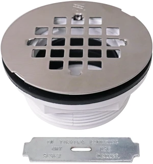 A206P-20 2" No-Caulk PVC Compression Shower Drain with 4-1/4" Round Grid Cover, Stainless Steel A206P-20 2" No-Caulk PVC Compression Shower Drain with 4-1/4" Round Grid Cover, Stainless Steel