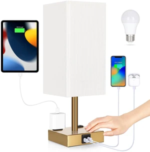 Bedside Lamp with USB Ports - Touch Control Table Lamp for Bedroom with USB C+A Ports & AC Outlets, 3 Way Dimmable Nightstand Light with Pleated Shade for Living Room(Bulb Included) Bedside Lamp with USB Ports - Touch Control Table Lamp for Bedroom with USB C+A Ports & AC Outlets, 3 Way Dimmable Nightstand Light with Pleated Shade for Living Room(Bulb Included)