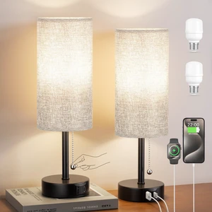 Grey Bedside Lamp for Bedroom Nightstand - Small Table Lamp Set of 2 USB A+C Ports, 3 Color Temperatures, LED Bulb Included, Grey Fabric Shade, Black Base, 14" Tall Pull Chain Desk Lamp, 2-Pack Grey Bedside Lamp for Bedroom Nightstand - Small Table Lamp Set of 2 USB A+C Ports, 3 Color Temperatures, LED Bulb Included, Grey Fabric Shade, Black Base, 14" Tall Pull Chain Desk Lamp, 2-Pack