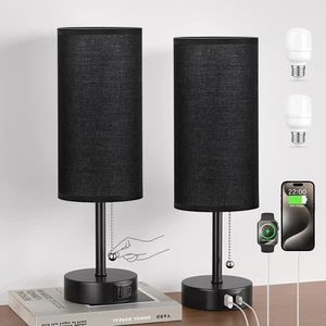 Black Bedside Lamp for Bedroom Nightstand - Small Table Lamp Set of 2 USB A+C Ports, 3 Color Temperatures, LED Bulb Included, Black Fabric Shade, Black Base, 14" Tall Desk Lamp, Modern Pull Chain Black Bedside Lamp for Bedroom Nightstand - Small Table Lamp Set of 2 USB A+C Ports, 3 Color Temperatures, LED Bulb Included, Black Fabric Shade, Black Base, 14" Tall Desk Lamp, Modern Pull Chain