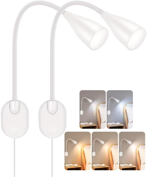 Wall-Mounted LED Bedside Reading Light USB Charging Port 2Pcs White 10-Level Dimmable & Adjustable 5 Color, Plug-in Adhesive Night Lamp for Books in Bed, Eye-Caring Bedroom Lighting Wall-Mounted LED Bedside Reading Light USB Charging Port 2Pcs White 10-Level Dimmable & Adjustable 5 Color, Plug-in Adhesive Night Lamp for Books in Bed, Eye-Caring Bedroom Lighting