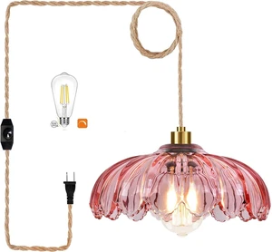 Pink Plug in Pendant Light Glass Hanging Lights with Plug in Cord Boho Hanging Lamp Gold Mid Century Modern Vintage Dimmable Flower Plug in Chandelier Ceiling Fixture for Living Room,Bedroom Pink Plug in Pendant Light Glass Hanging Lights with Plug in Cord Boho Hanging Lamp Gold Mid Century Modern Vintage Dimmable Flower Plug in Chandelier Ceiling Fixture for Living Room,Bedroom