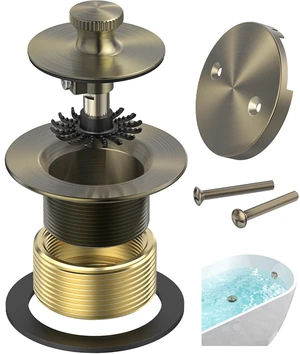 Antique Brass Bathtub Drain, Hair Catcher and 2-Hole Overflow Faceplate, 11.5/16 UNC, Lift and Turn Bathtub Drain Replacement, Tub Drain Stopper Antique Brass Bathtub Drain, Hair Catcher and 2-Hole Overflow Faceplate, 11.5/16 UNC, Lift and Turn Bathtub Drain Replacement, Tub Drain Stopper