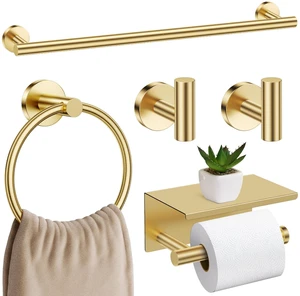 Brushed Gold Bathroom Hardware Set, 5 Pieces Gold Towel Bar Bathroom Accessories, Upgraded Toilet Paper Holder with Shelf Set, 23.6 Inch Towel Rack Towel Holder for Bathroom Wall Brushed Gold Bathroom Hardware Set, 5 Pieces Gold Towel Bar Bathroom Accessories, Upgraded Toilet Paper Holder with Shelf Set, 23.6 Inch Towel Rack Towel Holder for Bathroom Wall
