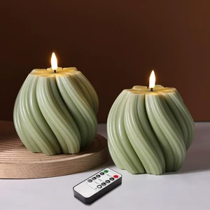 Sage Green Swirl Flameless Candles with Remote Timer Flickering LED Round Candle, Real Wax Coating, 2 AA Battery Powered, Aesthetic Home Shelf Decor 2 Pack Sage Green Swirl Flameless Candles with Remote Timer Flickering LED Round Candle, Real Wax Coating, 2 AA Battery Powered, Aesthetic Home Shelf Decor 2 Pack