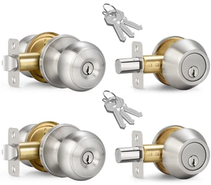 2 Sets Entry Door Knob and Single Cylinder Deadbolt Combo Set, Keyed Alike Round Ball Satin Nickel Interior/Exterior Door Knobs with Lock and Keys for Entrance, Front Door and Indoor Door 2 Sets Entry Door Knob and Single Cylinder Deadbolt Combo Set, Keyed Alike Round Ball Satin Nickel Interior/Exterior Door Knobs with Lock and Keys for Entrance, Front Door and Indoor Door