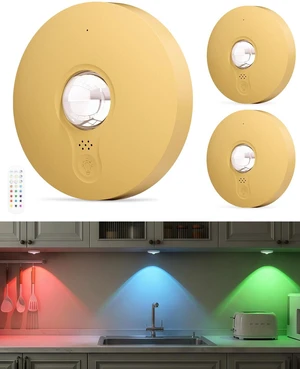 RGB Rechargeable Puck Lights with Remote Control, 1500mAh Battery Operated Tap Lights, Dimmer & Timer Under Cabinet, Wireless LED Stick-On for Closet, Bedroom, Kitchen - Gold 3Pcs RGB Rechargeable Puck Lights with Remote Control, 1500mAh Battery Operated Tap Lights, Dimmer & Timer Under Cabinet, Wireless LED Stick-On for Closet, Bedroom, Kitchen - Gold 3Pcs
