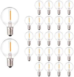 G40 LED Replacement Bulbs, 2700K Warm White, E12 Base, 25PK Waterproof & Dimmable, 1.5" Clear Globe Bulbs, Perfect for Outdoor Patio/Garden/Backyard Wedding Holiday String Lights G40 LED Replacement Bulbs, 2700K Warm White, E12 Base, 25PK Waterproof & Dimmable, 1.5" Clear Globe Bulbs, Perfect for Outdoor Patio/Garden/Backyard Wedding Holiday String Lights