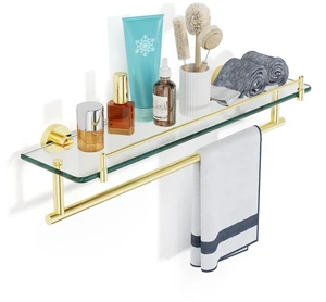 20 Inch Brushed Gold Bathroom Towel Rack with Tempered Glass Shelf, Wall Mounted Towel Holder Storage Organizer for Bathroom 20 Inch Brushed Gold Bathroom Towel Rack with Tempered Glass Shelf, Wall Mounted Towel Holder Storage Organizer for Bathroom