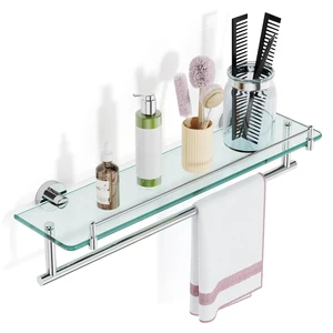 20-Inch Floating Tempered Glass Bathroom Shelf with Towel Bar - Chrome Polished & Stainless Steel, Wall Mount 20-Inch Floating Tempered Glass Bathroom Shelf with Towel Bar - Chrome Polished & Stainless Steel, Wall Mount