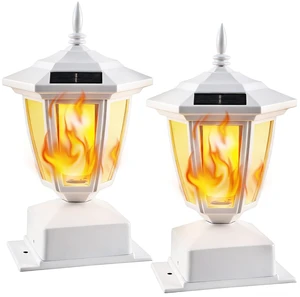 2 Pack Solar Flame Post Lights Outdoor, Solar Powered Lamps Fence Post Cap Lights, Flickering Flame LED Lantern Waterproof for Garden Deck Patio, Fit 4x4, 5x5 or 6x6 Wooden Posts, White Shell 2 Pack Solar Flame Post Lights Outdoor, Solar Powered Lamps Fence Post Cap Lights, Flickering Flame LED Lantern Waterproof for Garden Deck Patio, Fit 4x4, 5x5 or 6x6 Wooden Posts, White Shell