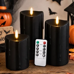Black Real Wax Dripping Halloween Flameless Pillar Candles with Remote Battery-Operated 3D Flickering Flame Black Flameless Candles with Remote and Timer, Melted Top, 3" x 4",5",6", Set of 3 Black Real Wax Dripping Halloween Flameless Pillar Candles with Remote Battery-Operated 3D Flickering Flame Black Flameless Candles with Remote and Timer, Melted Top, 3" x 4",5",6", Set of 3