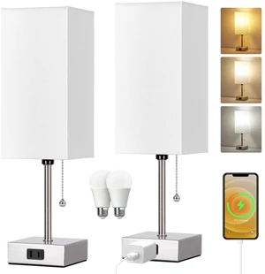 Touch Control Bedside Lamp, 3 Way Dimmable Nightstand Lamp with 2 USB Ports & AC Outlet, Modern Style, White Fabric Shade Touch Control Bedside Lamp, 3 Way Dimmable Nightstand Lamp with 2 USB Ports & AC Outlet, Modern Style, White Fabric Shade