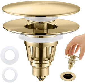 Universal Bathroom Sink Stopper - Pop Up Sink Drain Stopper, Push Button Flixfilter Sink Drain Stopper Replacement, Wash Basin Drain Filter Plug Anti-Clogging Basket, Brushed Gold Universal Bathroom Sink Stopper - Pop Up Sink Drain Stopper, Push Button Flixfilter Sink Drain Stopper Replacement, Wash Basin Drain Filter Plug Anti-Clogging Basket, Brushed Gold