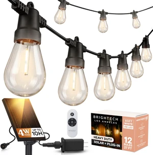 Ambience Hybrid Outdoor String Lights - Dual Plug and Solar Powered Waterproof LED Light String for Outside - 27 Ft, Dimmable 4W, Soft White Edison Bulbs for Camping, Patio, Cafe, Yard Ambience Hybrid Outdoor String Lights - Dual Plug and Solar Powered Waterproof LED Light String for Outside - 27 Ft, Dimmable 4W, Soft White Edison Bulbs for Camping, Patio, Cafe, Yard
