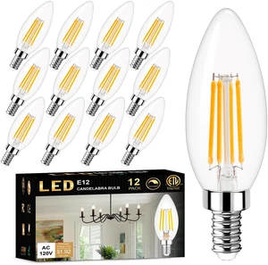 Dimmable Candelabra LED Light Bulb 40W Equivalent, E12 Chandelier Light Bulbs Warm White 3000K, 400LM, CRI 85+, B11 Type B Ceiling Fan Bulb 4W, Clear Filament Candle Light Bulbs Small Base, 12 Pack Dimmable Candelabra LED Light Bulb 40W Equivalent, E12 Chandelier Light Bulbs Warm White 3000K, 400LM, CRI 85+, B11 Type B Ceiling Fan Bulb 4W, Clear Filament Candle Light Bulbs Small Base, 12 Pack
