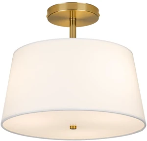 Modern Cone-Shaped Semi Flush Mount Ceiling Light Fixture, 3-Light Drum Lamp with Gold Brass Finish and White Fabric Shade for Bedroom, Kitchen, Dining Room, Hallway, Entryway, and Foyer Modern Cone-Shaped Semi Flush Mount Ceiling Light Fixture, 3-Light Drum Lamp with Gold Brass Finish and White Fabric Shade for Bedroom, Kitchen, Dining Room, Hallway, Entryway, and Foyer