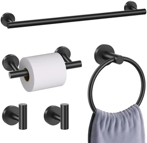 5 Pieces Matte Black Bathroom Hardware Accessories Set, Bathroom 23.6 Inch Towel Bar Set Stainless Steel Toilet Paper Holder Round Towel Racks for Bathroom Wall Mounted 5 Pieces Matte Black Bathroom Hardware Accessories Set, Bathroom 23.6 Inch Towel Bar Set Stainless Steel Toilet Paper Holder Round Towel Racks for Bathroom Wall Mounted