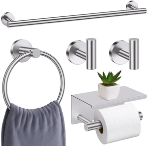 Brushed Nickel Bathroom Hardware Set, 5 Pieces Towel Bar Bathroom Accessories, Upgraded Toilet Paper Holder with Shelf Set, 23.6 Inch Towel Rack Towel Holder for Bathroom Wall Brushed Nickel Bathroom Hardware Set, 5 Pieces Towel Bar Bathroom Accessories, Upgraded Toilet Paper Holder with Shelf Set, 23.6 Inch Towel Rack Towel Holder for Bathroom Wall