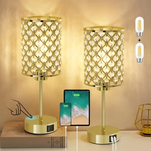 Gold Crystal Bedside Table Lamps Set of 2 with USB C+A Ports 3-Way Dimmable & Touch Control Small Lamps for Bedroom, Living Room, Girls Room, Night Stands, Home Office, Bulbs Included Gold Crystal Bedside Table Lamps Set of 2 with USB C+A Ports 3-Way Dimmable & Touch Control Small Lamps for Bedroom, Living Room, Girls Room, Night Stands, Home Office, Bulbs Included