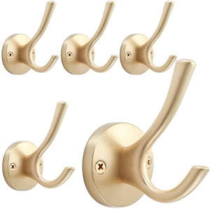 Gold Wall Hooks, 5 Pack Coat Robe Hook Heavy Duty Metal Double Bath Hook Wall Mounted, Hand Towel Hooks for Cubicle Bathroom Kitchen Closet Garage Gold Wall Hooks, 5 Pack Coat Robe Hook Heavy Duty Metal Double Bath Hook Wall Mounted, Hand Towel Hooks for Cubicle Bathroom Kitchen Closet Garage