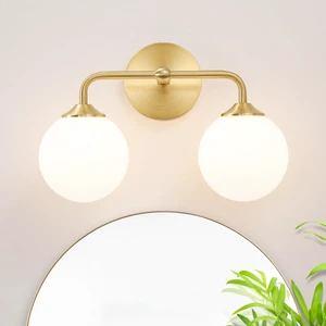 Modern Gold 2-Lights Bathroom Light Fixtures, Brass Vanity Light with Milky White Globe Glass Shade, Elegant Vanity Light Fixtures over Mirror, Wall Sconce Light for Bathroom, Mirror, Dressing Table Modern Gold 2-Lights Bathroom Light Fixtures, Brass Vanity Light with Milky White Globe Glass Shade, Elegant Vanity Light Fixtures over Mirror, Wall Sconce Light for Bathroom, Mirror, Dressing Table
