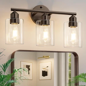 3-Light Bathroom Vanity Light, Clear Glass & Brown,17.3" Modern Wall Lamp, For Mirror 3-Light Bathroom Vanity Light, Clear Glass & Brown,17.3" Modern Wall Lamp, For Mirror