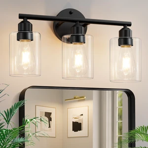 3-Light Black Modern Bathroom Vanity Light Fixtures, 17.3" Glass Shade, For Bathroom Mirror, Kitchen, Living Room, Bath, Metal 3-Light Black Modern Bathroom Vanity Light Fixtures, 17.3" Glass Shade, For Bathroom Mirror, Kitchen, Living Room, Bath, Metal