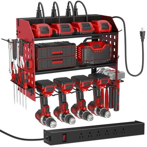 Power Tool Organizer Wall Mount with Charging Station,3 Layer, Red Metal Tool Storage Rack with 4 Drill Holders, Heavy Duty Power Tool Shelf for Garage,Warehouse,Workshop, Gift for Men,Husband Power Tool Organizer Wall Mount with Charging Station,3 Layer, Red Metal Tool Storage Rack with 4 Drill Holders, Heavy Duty Power Tool Shelf for Garage,Warehouse,Workshop, Gift for Men,Husband