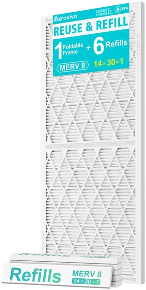 Refillable 14x30x1 Air Filter MERV 8, Reusable Frame & 6 Refills Lint, Pet Hair & Everyday Particle Control, 30-90 Day Filter for AC, HVAC & Furnace Systems, Actual Size 13.75x29.75x0.75in Refillable 14x30x1 Air Filter MERV 8, Reusable Frame & 6 Refills Lint, Pet Hair & Everyday Particle Control, 30-90 Day Filter for AC, HVAC & Furnace Systems, Actual Size 13.75x29.75x0.75in