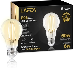 A19 Soft White Edison Bulbs, Dimmable E26 LED 60 Watt Equivalent 6 Pack 2700K warm relaxing vintage light for cozy living rooms. Antique old-fashioned style 700LM glow without harsh blinding glare A19 Soft White Edison Bulbs, Dimmable E26 LED 60 Watt Equivalent 6 Pack 2700K warm relaxing vintage light for cozy living rooms. Antique old-fashioned style 700LM glow without harsh blinding glare