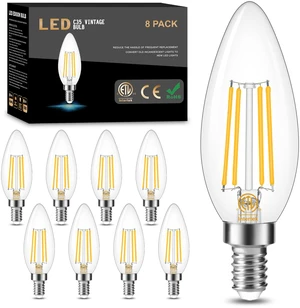 Dimmable E12 LED Candelabra Bulb 3000K Soft White 60W Equivalent 8 Pack, 600LM, CRI 85+, AC 120V, Type B Bulb for Chandeliers, Ceiling Fans, Clear Glass Candle Shape, Vintage Filament Dimmable E12 LED Candelabra Bulb 3000K Soft White 60W Equivalent 8 Pack, 600LM, CRI 85+, AC 120V, Type B Bulb for Chandeliers, Ceiling Fans, Clear Glass Candle Shape, Vintage Filament