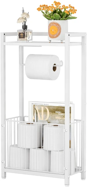 Freestanding Toilet Paper Holder with Storage Shelf, White Bathroom Tissue Stand with Space for Phone Wipes Magazines All-in-One Toilet Roll Dispenser and Organizer Freestanding Toilet Paper Holder with Storage Shelf, White Bathroom Tissue Stand with Space for Phone Wipes Magazines All-in-One Toilet Roll Dispenser and Organizer